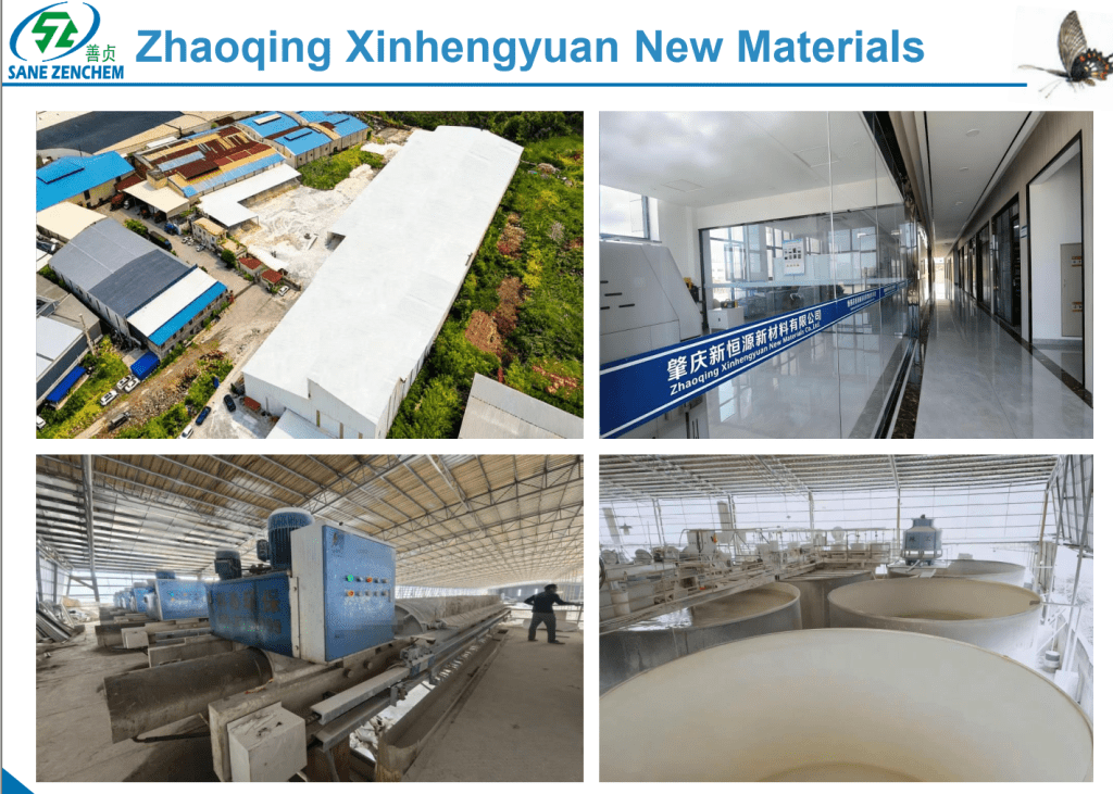 GreenThinking® PF87 ultra-fine lamellar kaolin reinforcing filler production base – Zhaoqing Xinhengyuan New Materials Co., Ltd., operated by SaneZen Group (SAN E ZENCHEM ). This facility specializes in high-temperature calcination (850–1050°C), nano-exfoliation, and proprietary surface modification technologies that yield PF87’s submicron particle size (D50 ≤ 0.15 μm, aspect ratio >50). From raw mineral beneficiation to functionalized nano-platelets, every batch is engineered to deliver high air tightness, low permeability, and reinforcement approaching N550 carbon black – the preferred ultra fine flaky filler for tire inner liners and gas barrier reinforcing filler for rubber compounds.