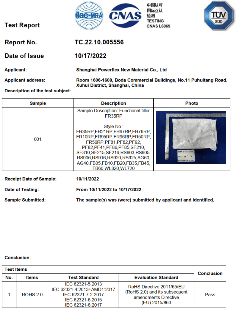 TUV SUD test report with CNAS accreditation, RoHS 2.0 compliance tested to the IEC 62321 series CAPTION: Figure 3. Independent third party RoHS 2.0 verification.
