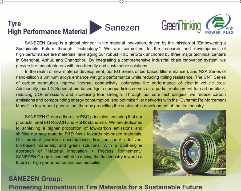 Eco-friendly tire materials by SANEZEN Group: Nano-alloys, carbon nanotubes bio Modified lignin cut CO2 while boosting wet grip and durability.