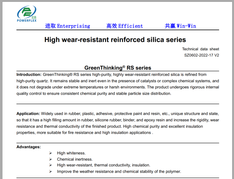 Technical Data Sheet for GreenThinking RS Series high-wear-resistant reinforced silica, showcasing its application in polymers like rubber and epoxy resin to improve rigidity, thermal conductivity, and insulation under the motto 'Enterpriseing, Efficient, Win-Win