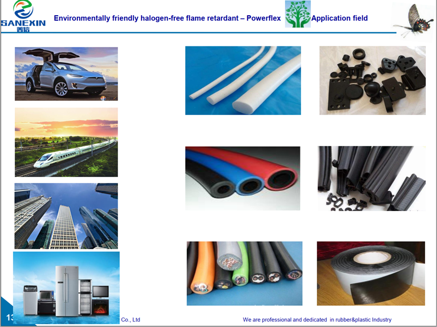 FR99RP Halogen free environmentally friendly flame retardant is widely used in rail transit vehicles, new energy vehicle powertrain systems, high-end building cables, and consumer electronics housings—fields with demanding requirements for safety and environmental protection.*