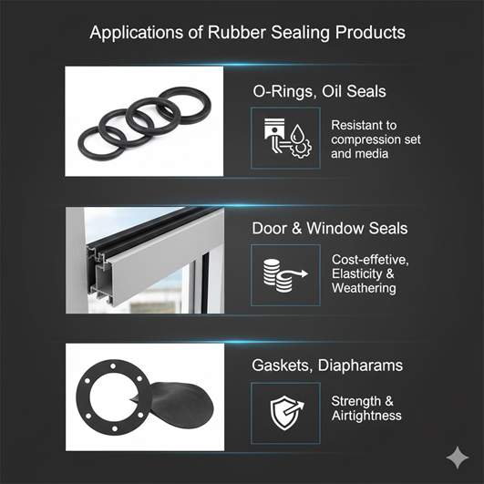  A collection of sealing elements including O-rings, oil seals, window/door weatherstripping, and gaskets, emphasizing how Nano reinforcement Filler for Rubber improves compression set, media resistance, and cost-effective high-filling capacity.