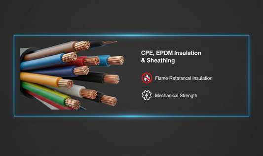 Cross-sections of various electrical wires and cables, highlighting the application of Nano reinforcement Filler for Rubber in CPE/EPDM insulation and jacketing compounds to provide improved flame retardancy, superior electrical insulation, and mechanical strength.