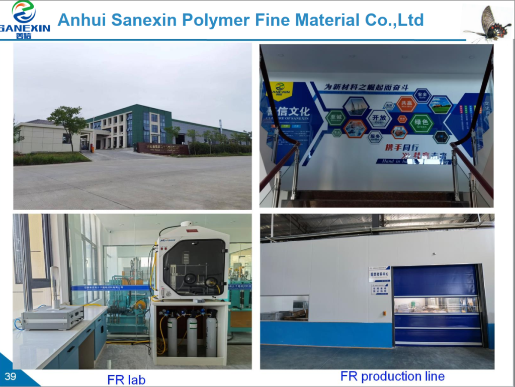 Factory of Anhui Sanexin Polymer Fine Material Co., Ltd., showing the production environment and corporate culture for the high-performance flame retardant FR67RP. The image highlights core values such as Integrity Culture, pioneering spirit, green manufacturing, collaboration, and care for the future. It also features the company's specialized flame retardant laboratory (FR Lab) and dedicated flame retardant production line where products like FR67RP are developed and manufactured, ensuring quality and innovation in advanced polymer additives.