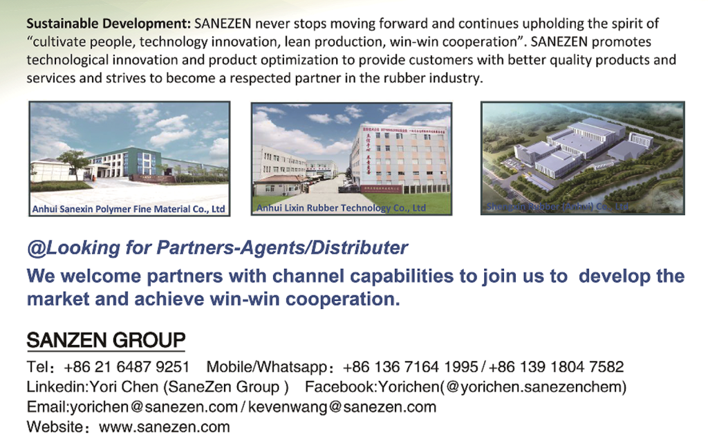 SANEZEN Group corporate mission graphic: Innovation in high-performance and sustainable tire materials.