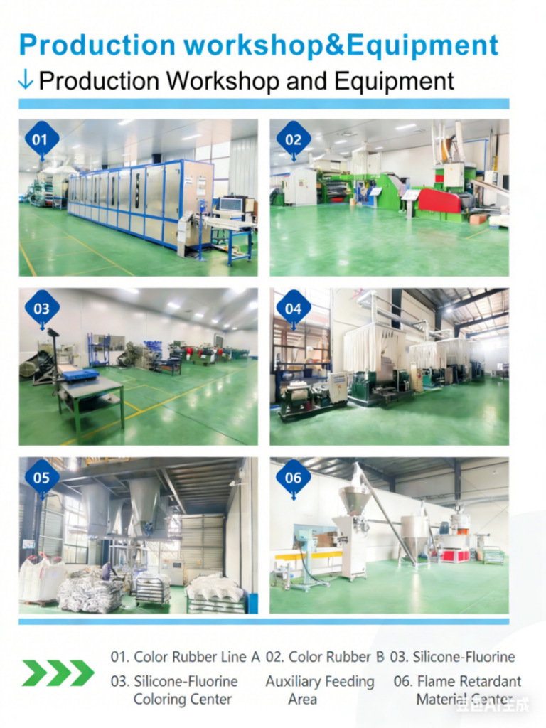 Silicone rubber compound production workshop and equipment at Anhui Sanexin – Color Rubber Line A and B, Silicone-Fluorine auxiliary feeding area, and Flame Retardant Material Center. Advanced manufacturing environment for high-performance silicone and fluorine rubber compounds.
✅ Keywords: silicone rubber compound production, rubber mixing line, fluorosilicone manufacturing, flame retardant material processing, industrial rubber equipment
