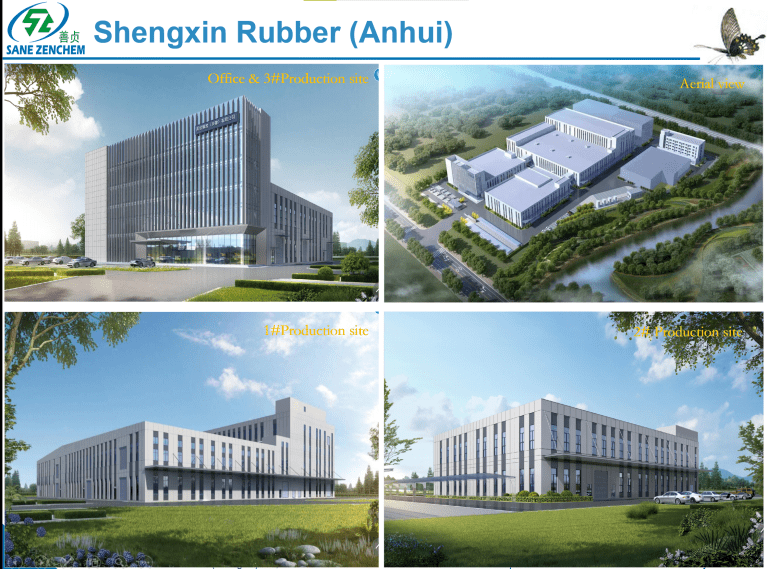 Aerial view of Sanezen Group’s Xuancheng production base in Anhui Province, showing a spacious facility with modern rubber additive production lines and an R&D center. The building is clean and wellorganized, reflecting professional, largescale manufacturing capabilities.