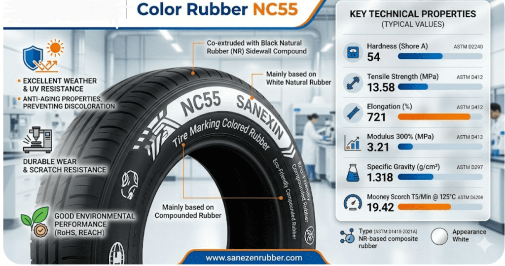 NC55 high-performance color rubber for tire sidewall identification, showcasing durable red marking on a black rubber tire surface