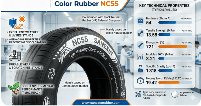 NC55 high-performance color rubber for tire sidewall identification, showcasing durable red marking on a black rubber tire surface