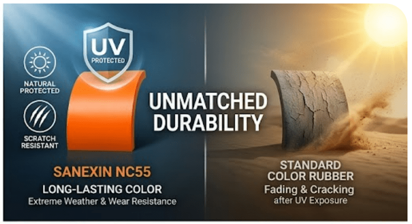 NC55 high-performance color rubber for tire sidewall identification, showcasing durable red marking on a black rubber tire surface